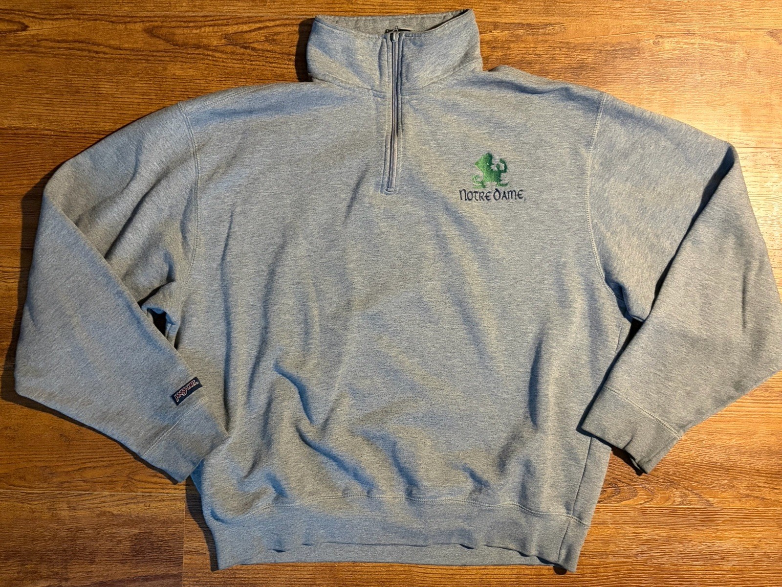 Vtg Jansport Notre Dame 1/4 Zip Men\'s Size L Grey Mock Neck Pullover Long Sleeve