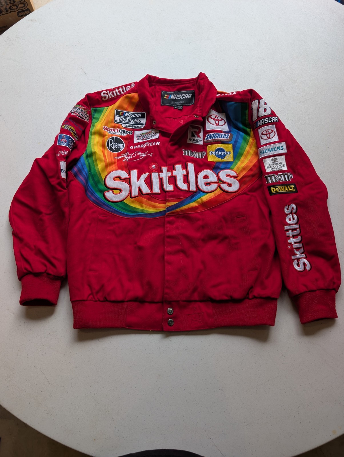 Authentic Nascar Kyle Busch JH Design Skittles Full Snap Red Cotton Jacket M Authentic Nascar Kyle Busch JH Design Skittles Full Snap Red Cotton Jacket M
