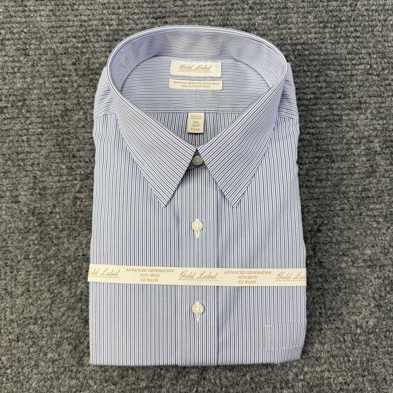 Roundtree & Yorke Shirt Mens 18.5 36/37 Tall Man Blue Stripe Non Iron Poplin