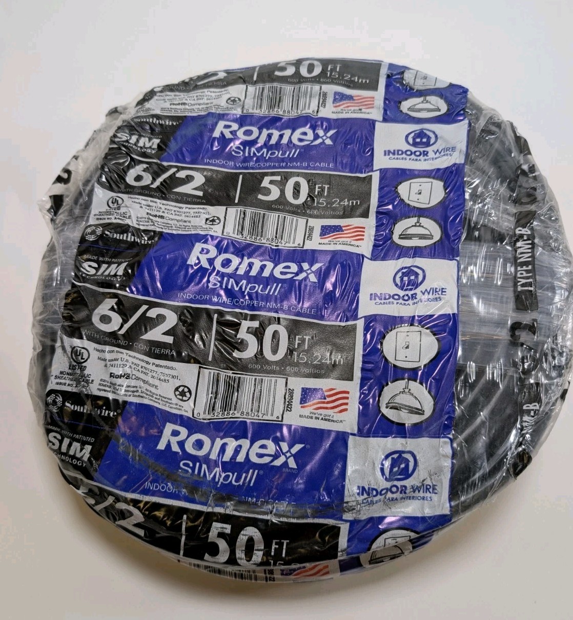 Southwire 50' 6/2 Stranded Romex SIMpull CU NM-B W/G Black Wire