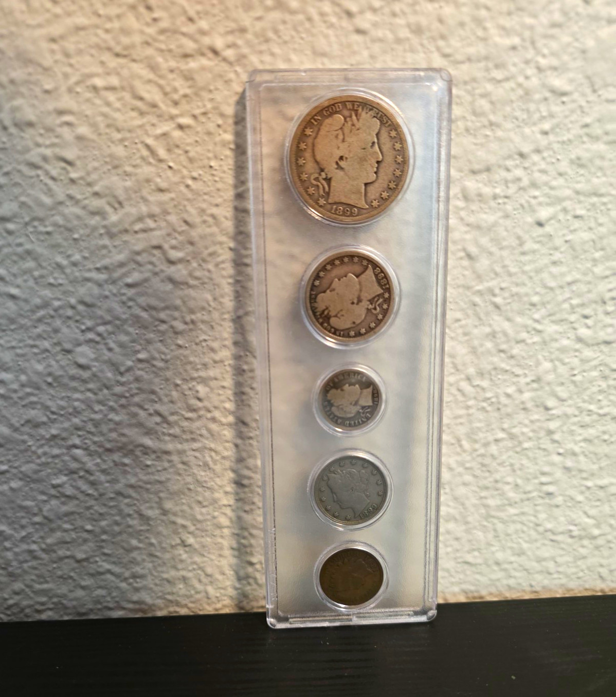 1899 Barber Coin Set in Holder: Half Dollar, Quarter, Dime, Nickel, Cent