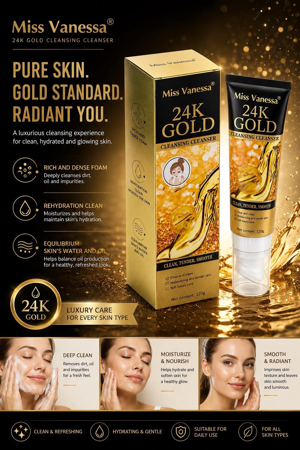 Miss Vanessa 24K Gold Cleansing Cleanser Face Wash 120g Hydrating Foam