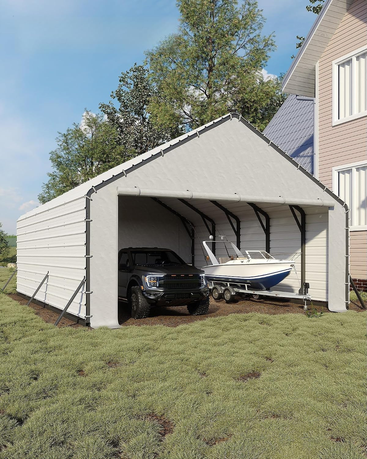 20Ft Wide Heavy Duty PE Carport  Waterproof Outdoor Garage Shelter for Car Truck