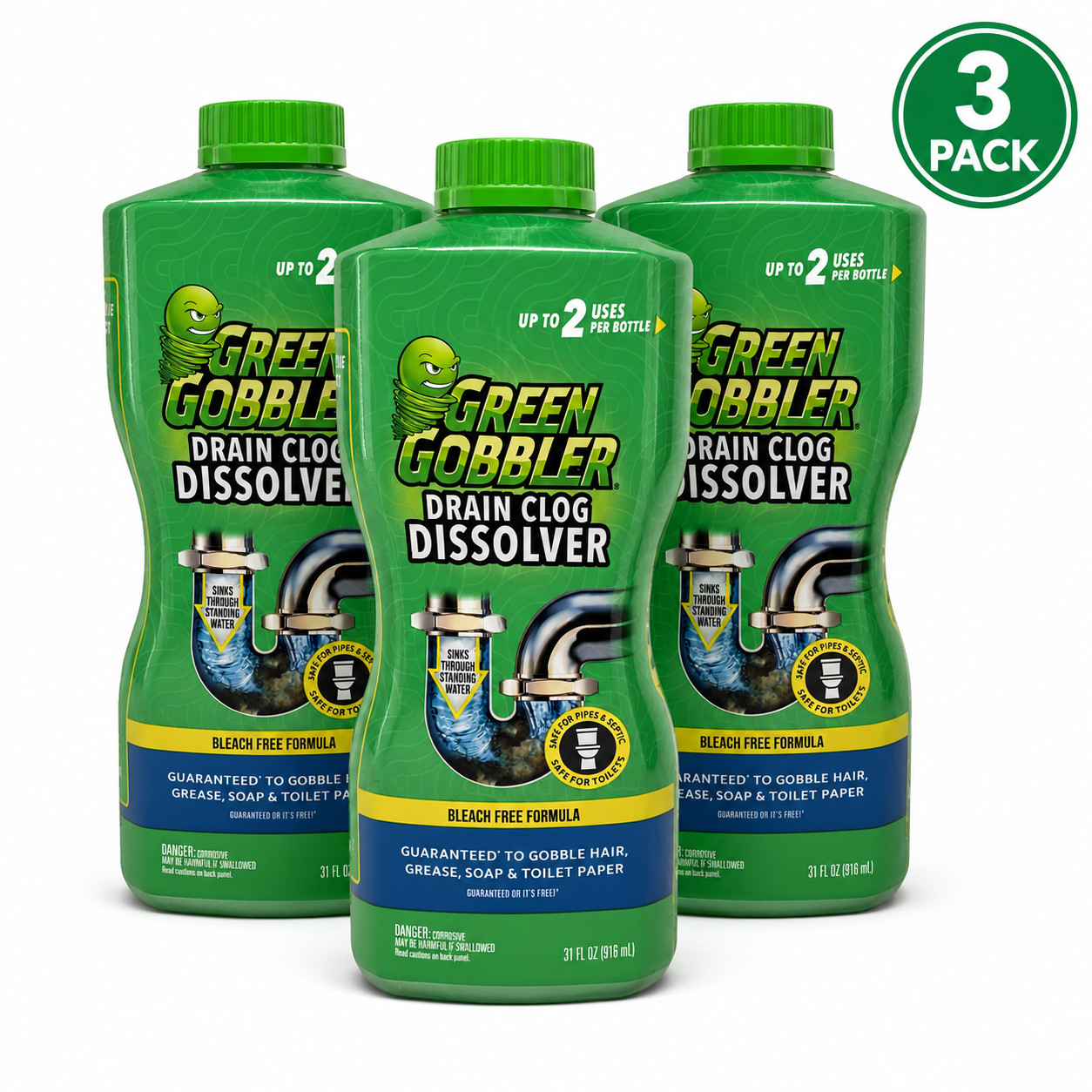 Green Gobbler Drain Clog Dissolver Bleach Free Formula Hair Grease Soap 3 Pack
