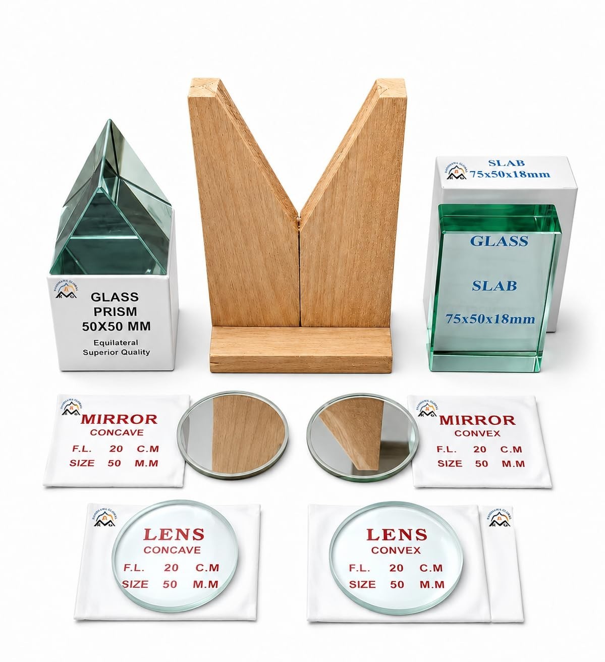 Optical Set with Convex & Concave Lenses, Mirrors, Prism, Glass Slab & Stand