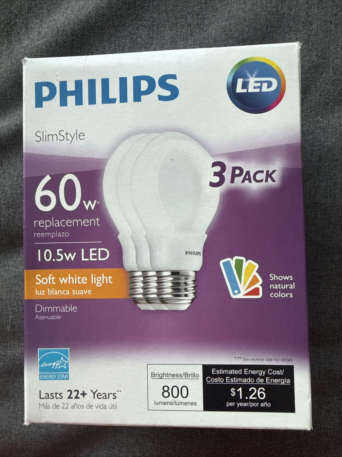 Philips Slim Style LED Bulbs 10.5W 60W Equivalent Dimmable Pack of 3 Philips Slim Style LED Bulbs 10.5W 60W Equivalent Dimmable Pack of 3
