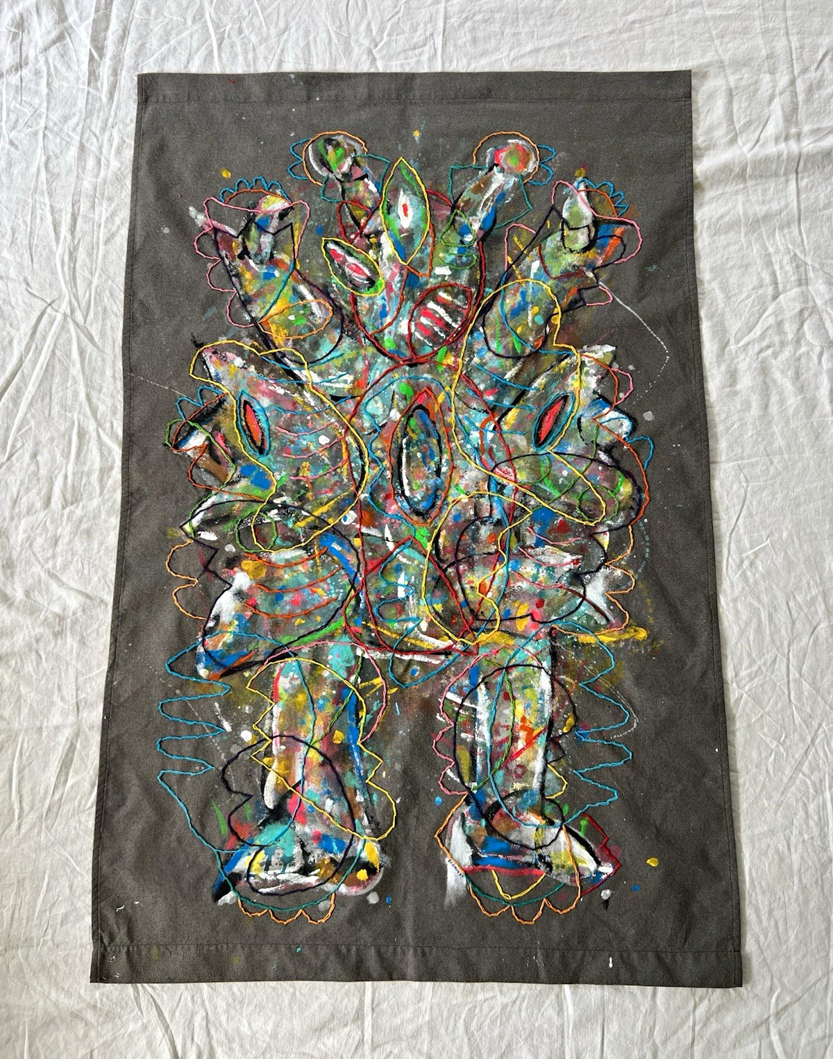 Original Oaxaca Mexico Textile Art Painting Hand Embroidered 49.5” x 32”