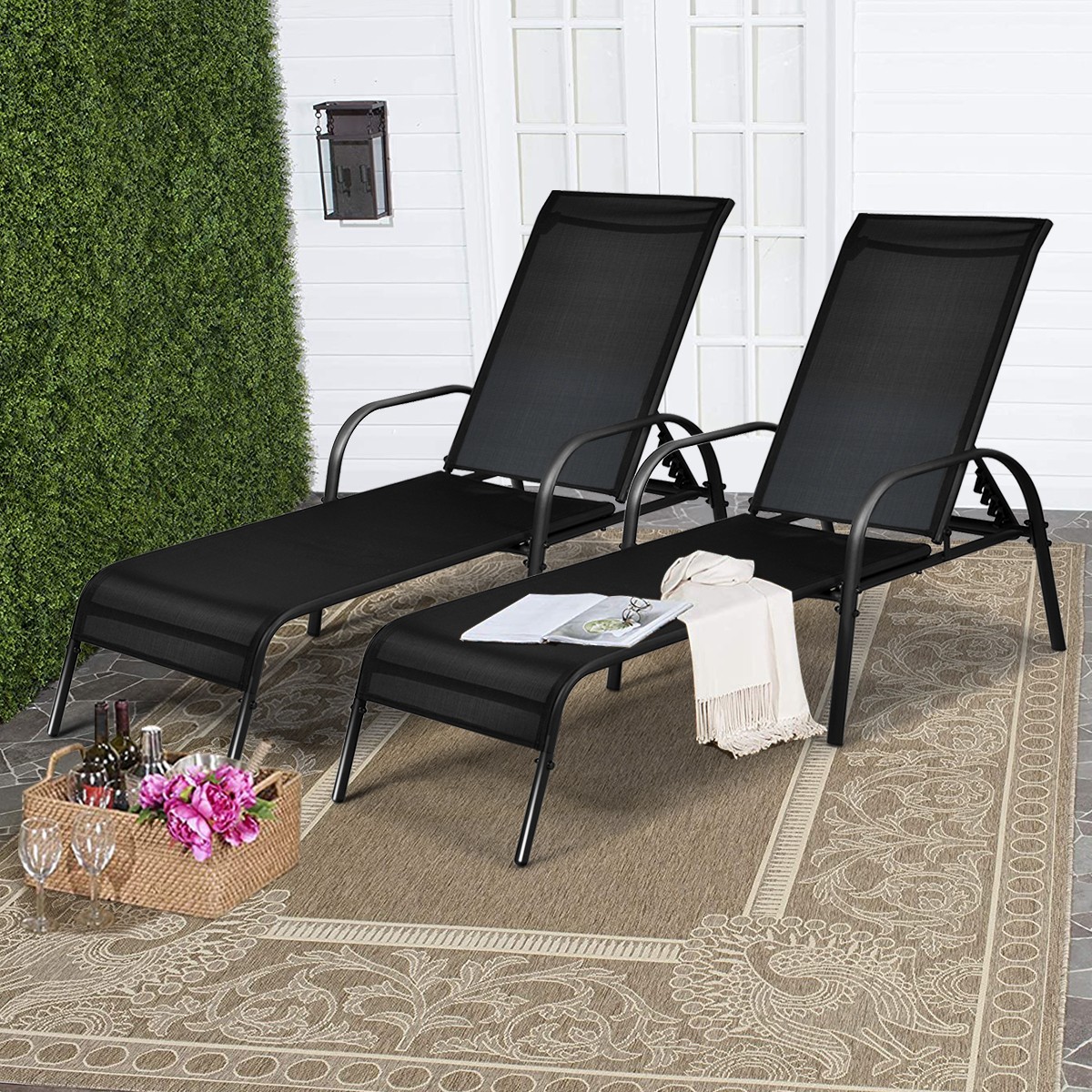 Costway 2PCS Patio Lounging Chair Set Recliner Sling Chaise Adjustable Back