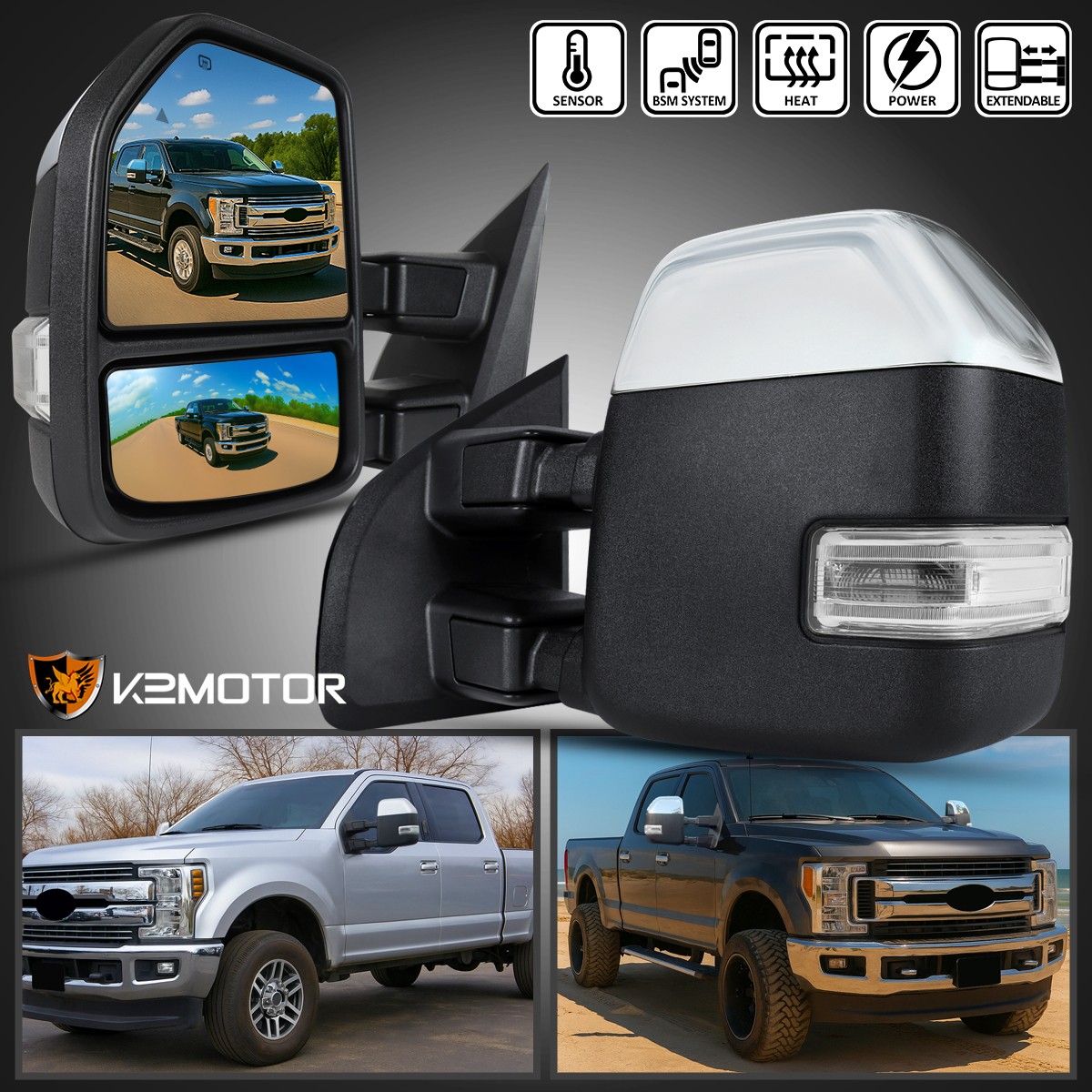 Fits 2017-2019 Ford F250 F350 SuperDuty Power Heated+Temp Sensor Chrome Mirrors