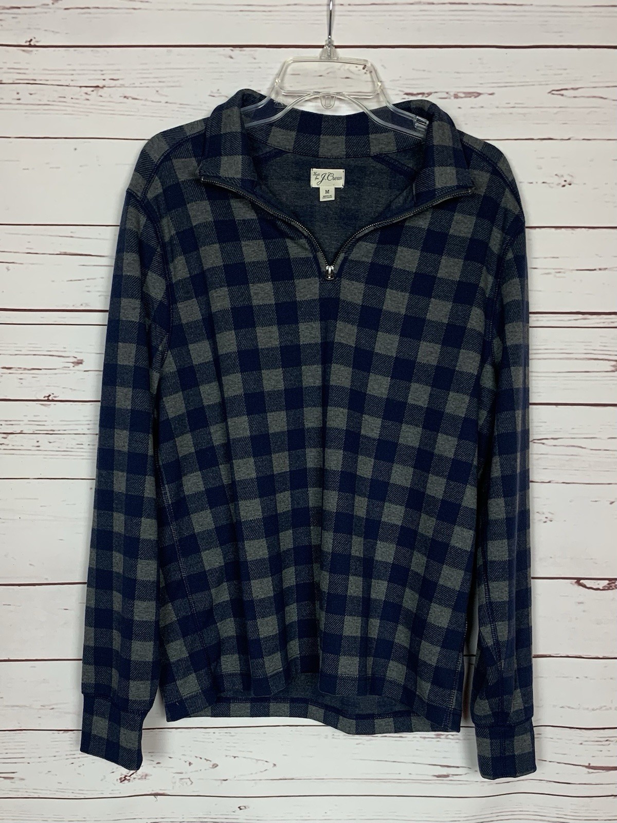 Knit for J.CREW Men\'s M Medium Navy Blue Gray Plaid Quarter Zip Pullover Shirt Knit for J.CREW Men\'s M Medium Navy Blue Gray Plaid Quarter Zip Pullover Shirt