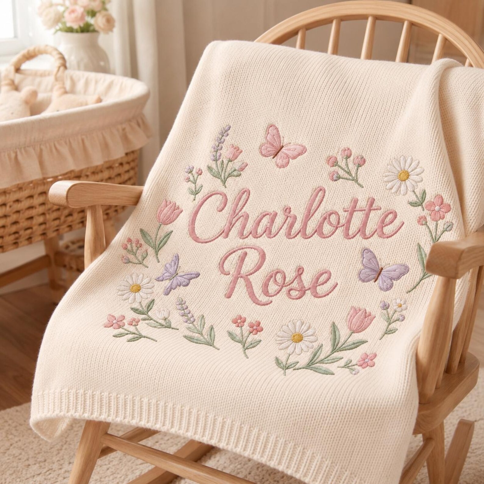 Personalized Floral Knit Baby Blanket Custom Butterfly Girl Keepsake