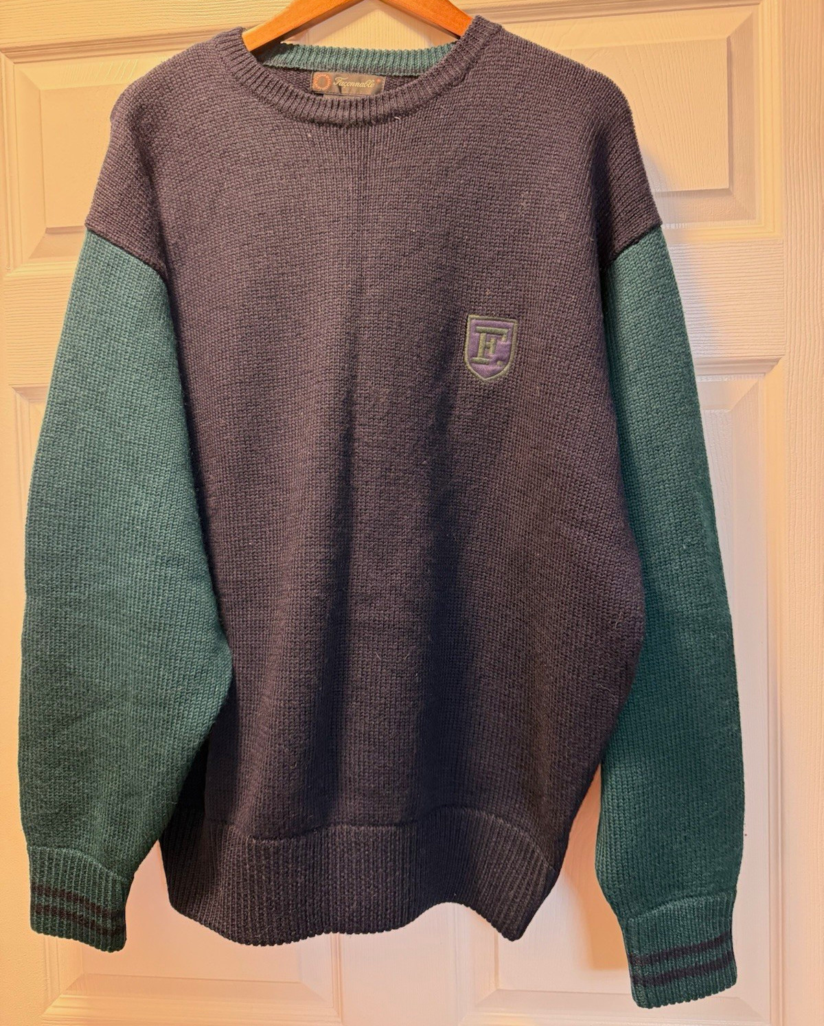 Vintage Faconnable Wool Sweater Men XL Blue Green Collar France Designer Knit