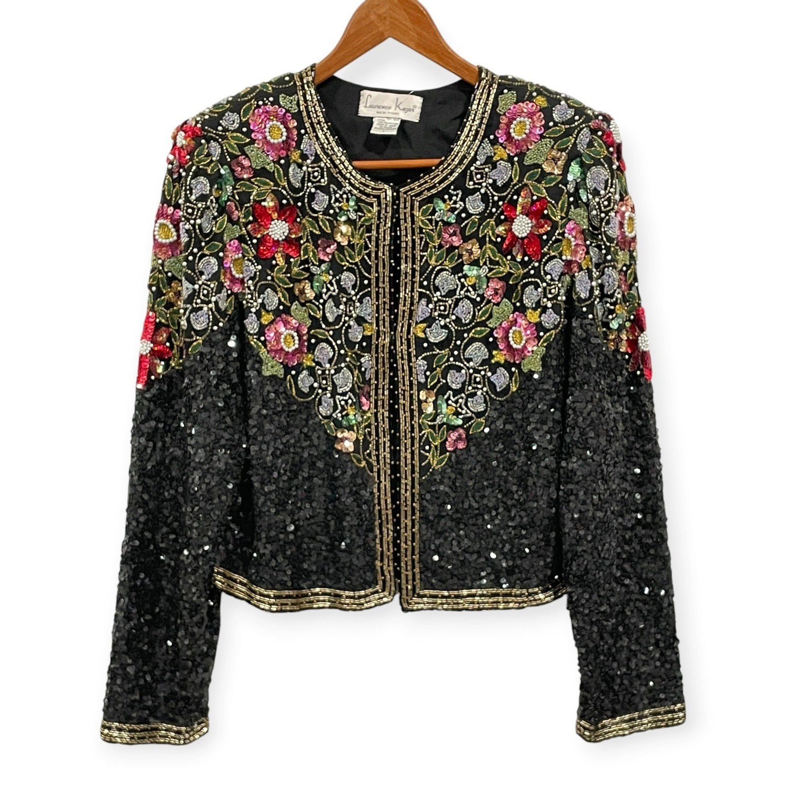 Laurence Kazar Silk Beaded Sequin Floral Crop Jacket Size L Evening Maximalist