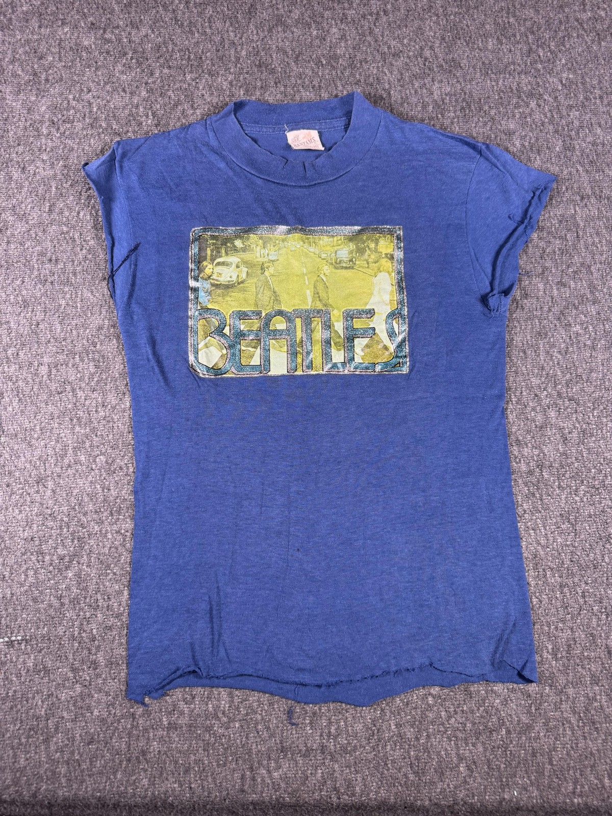 Vintage Beatles Abbey Road Shirt Mens Small Blue Glitter Graphic Bantams 70s