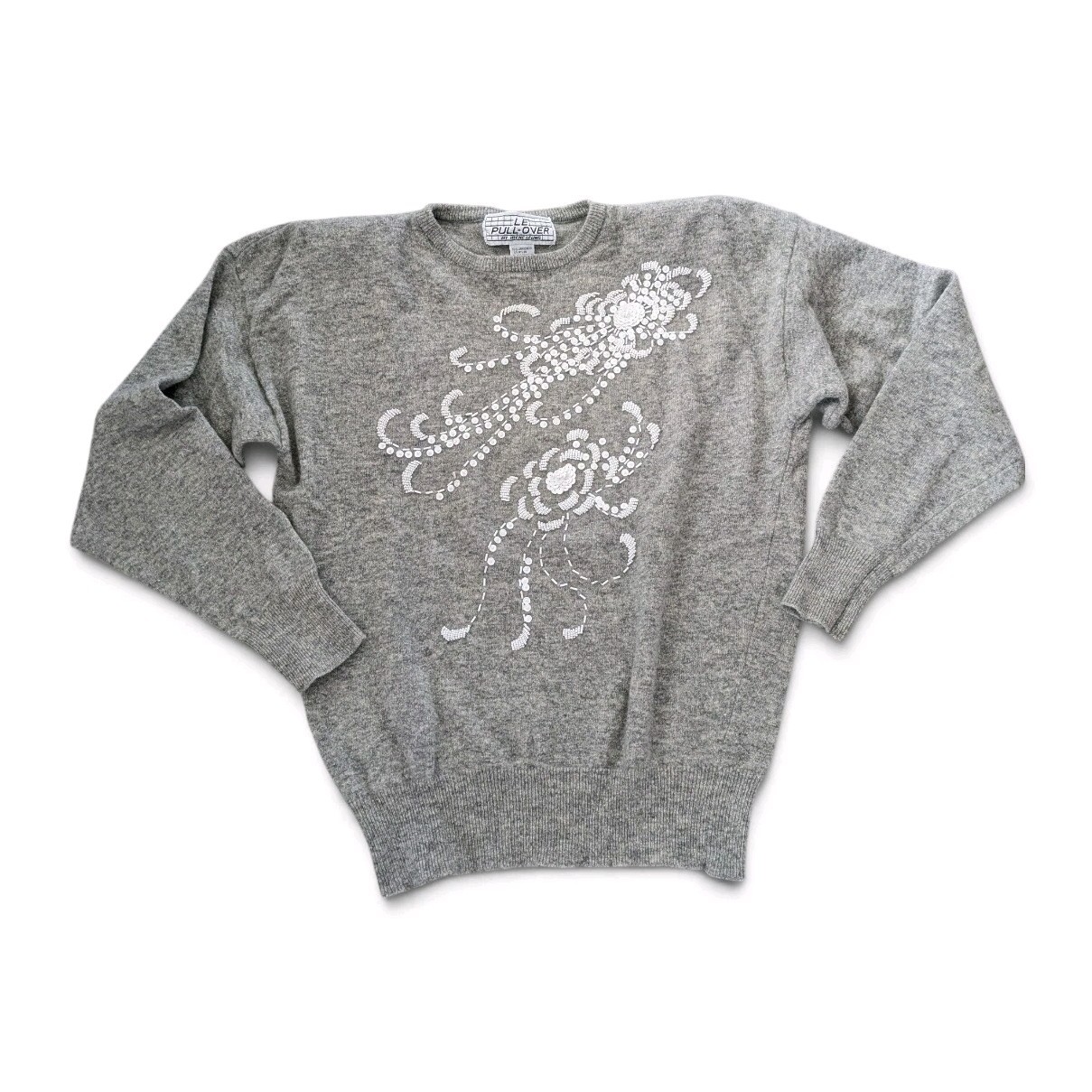 Vintage Le Pullover Irene Leung Lambswool Beaded Sequin Sweater Gray Glam Retro