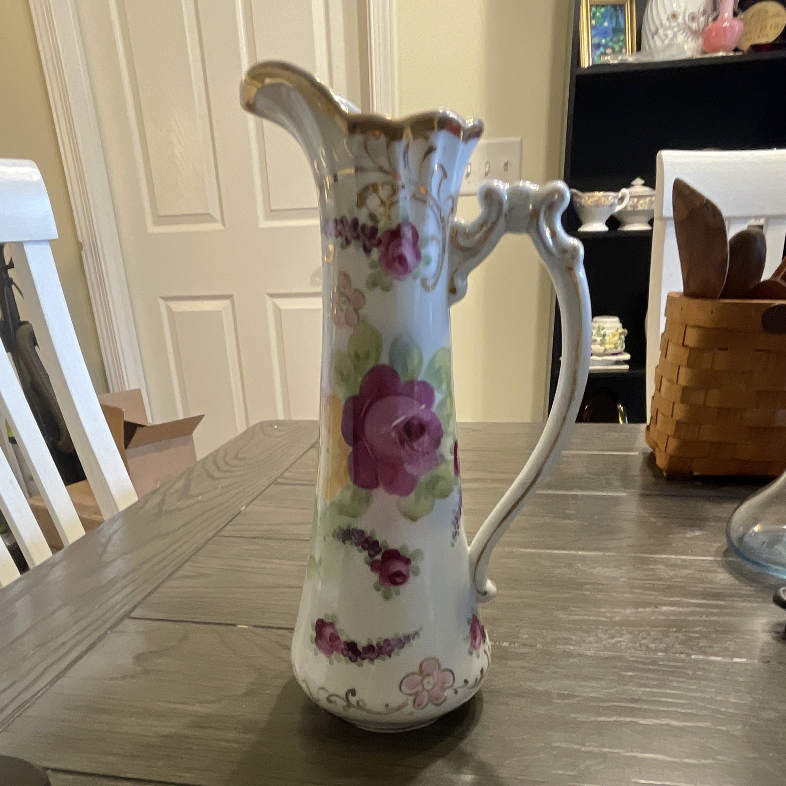Antique Hand Painted Porcelain Floral Pitcher Vase 11” Tall Pink Rose Gold Gilt Antique Hand Painted Porcelain Floral Pitcher Vase 11” Tall Pink Rose Gold Gilt