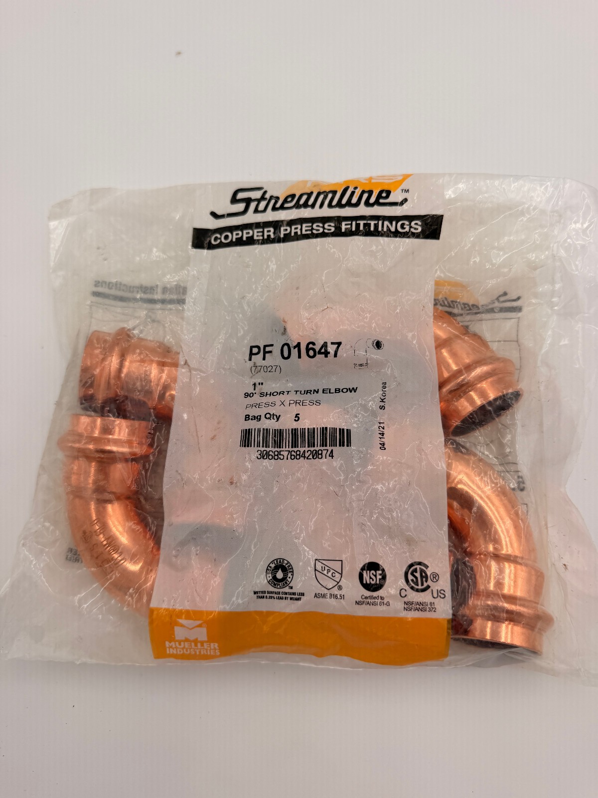 Lot of 5 NEW Mueller Streamline PF 01647 1” Copper Press 90° Elbow