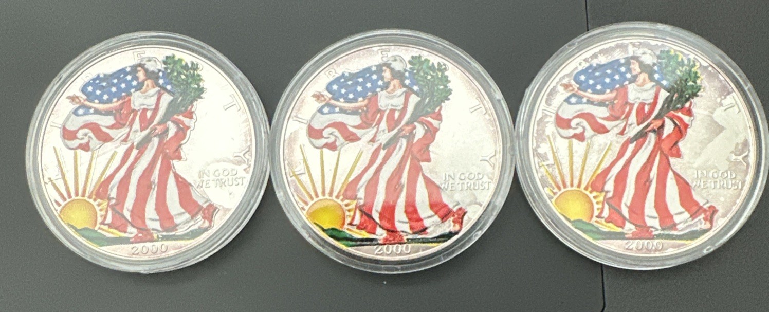 Three 2000 american silver eagles 🦅 Lady Liberty Painted Design (On Sale)