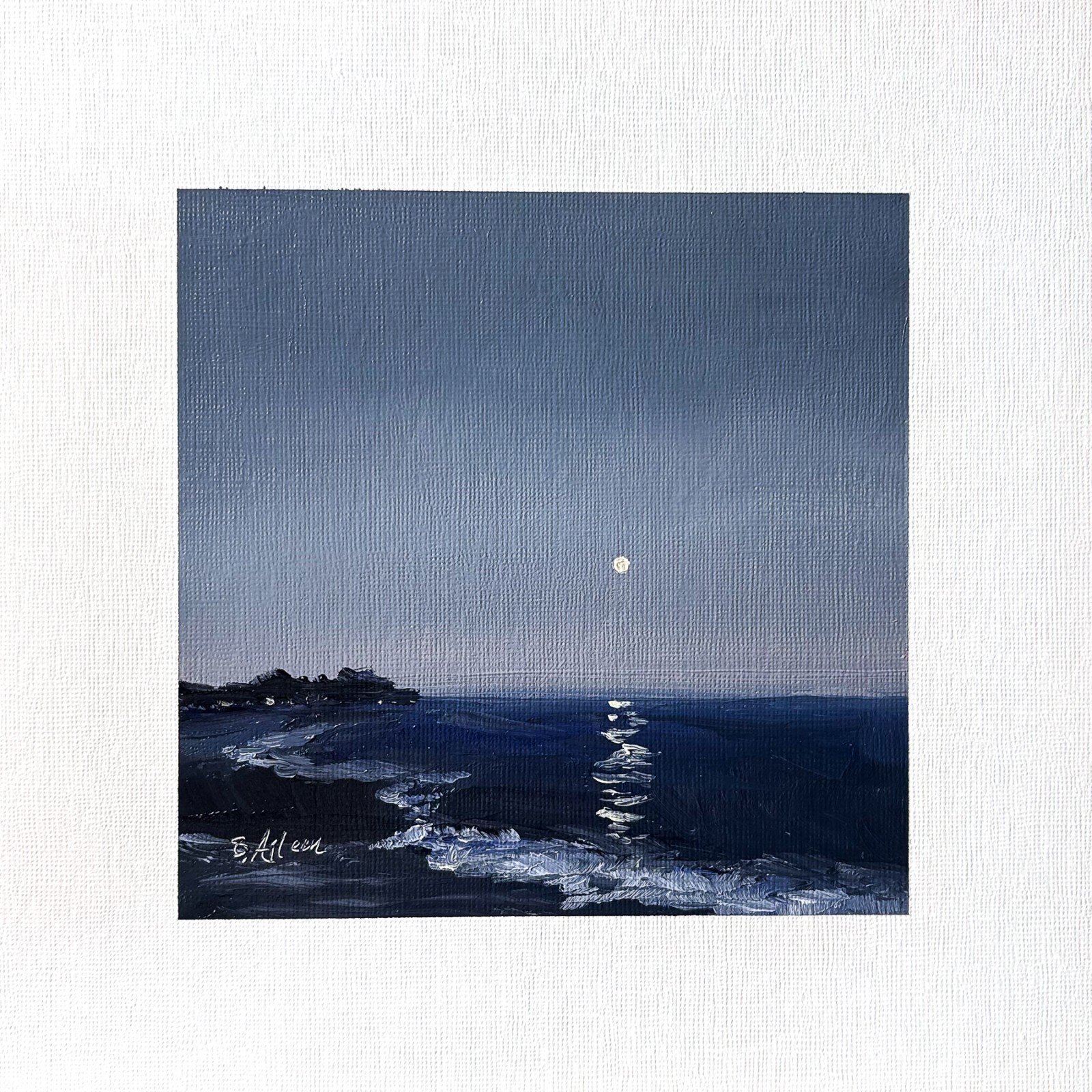 8x8 Maine Original Oil Painting Seascape Nocturne Ocean Moonlight Coastal Signed