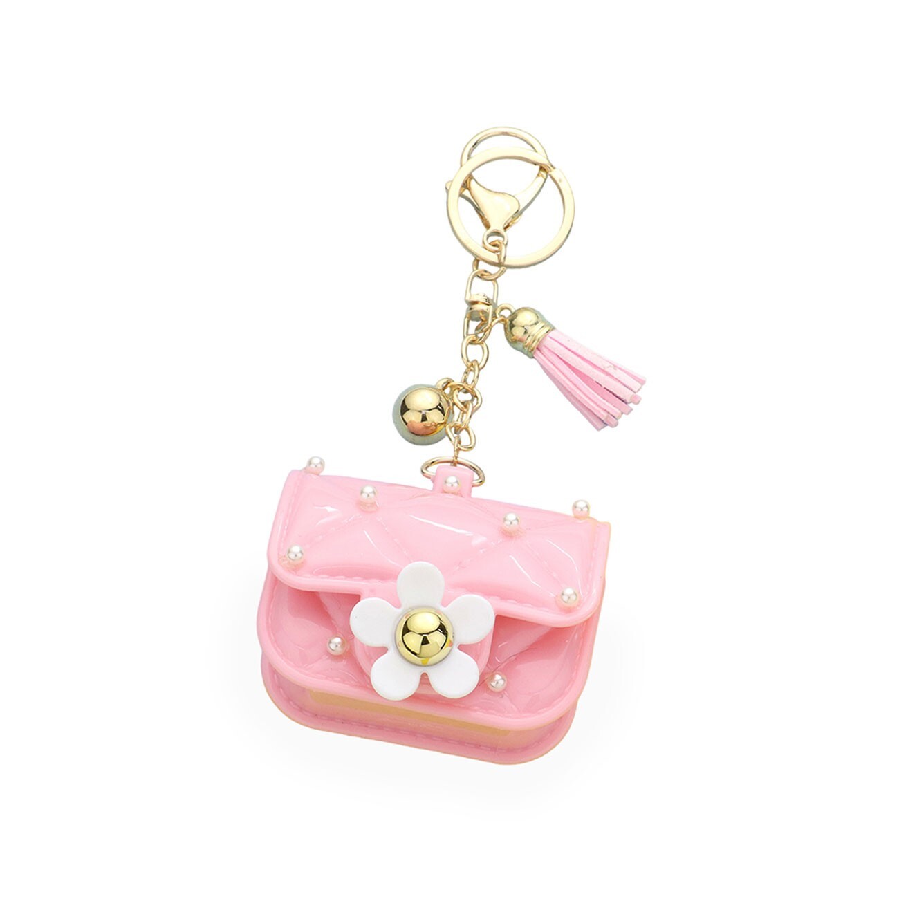 TIGERSTARS PINK DAISY FLOWER PEARL EMBELLISHED BAG TASSEL KEYCHAIN CHARM