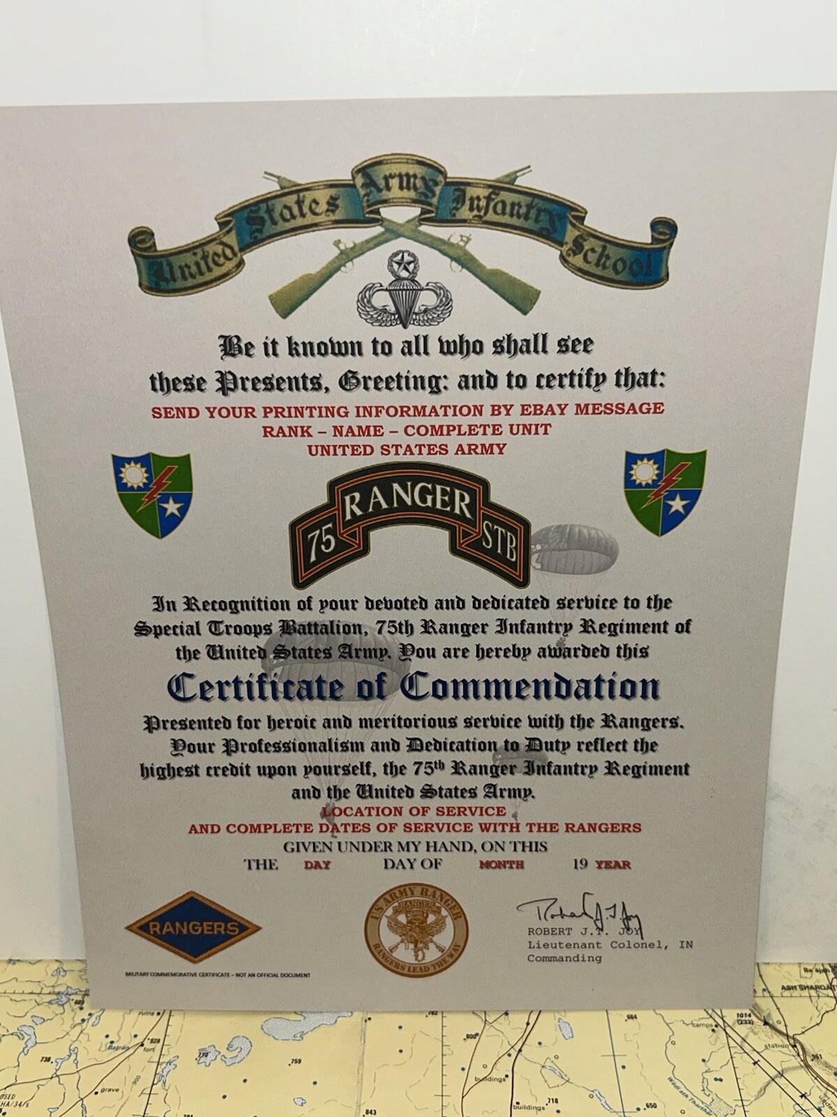 U.S. ARMY RANGER - 75TH REGIMENT - STB / CERTIFICATE OF COMMENDATION