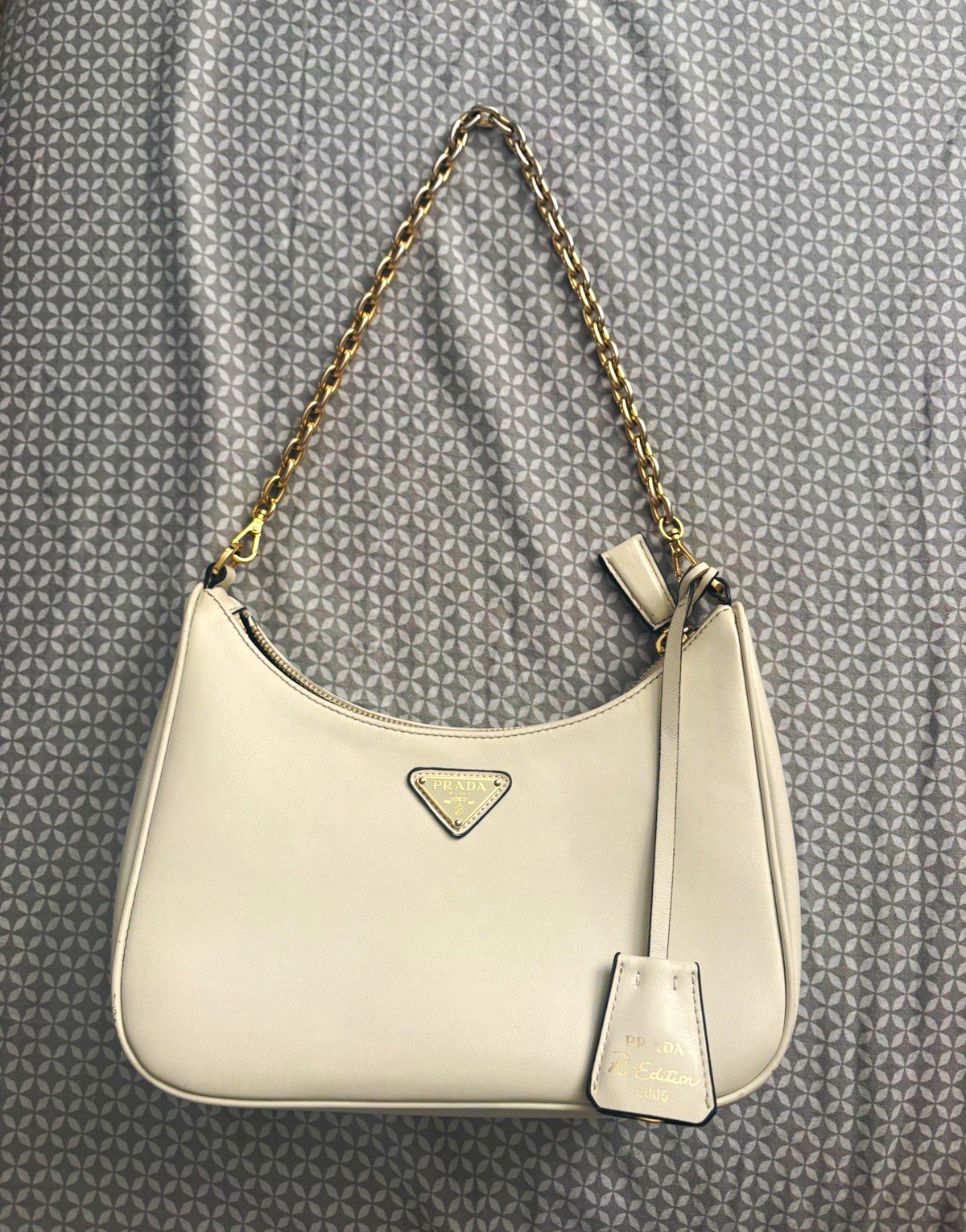 PRADA Women’s White Crescent Shoulder Bag Gold Chain Zip Triangle Logo Charm PRADA Women’s White Crescent Shoulder Bag Gold Chain Zip Triangle Logo Charm