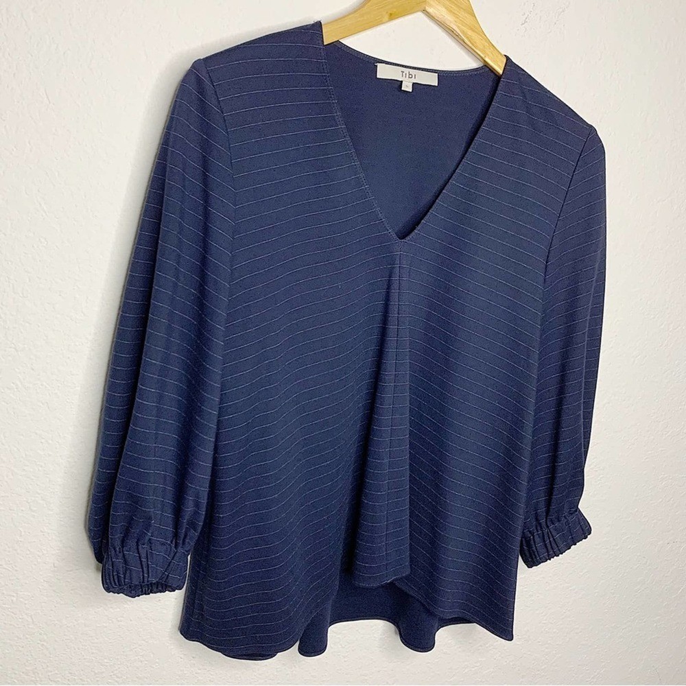 Tibi Navy Blue Stripe Elastic 3/4 Balloon Sleeve Knit Top Size Small Tibi Navy Blue Stripe Elastic 3/4 Balloon Sleeve Knit Top Size Small