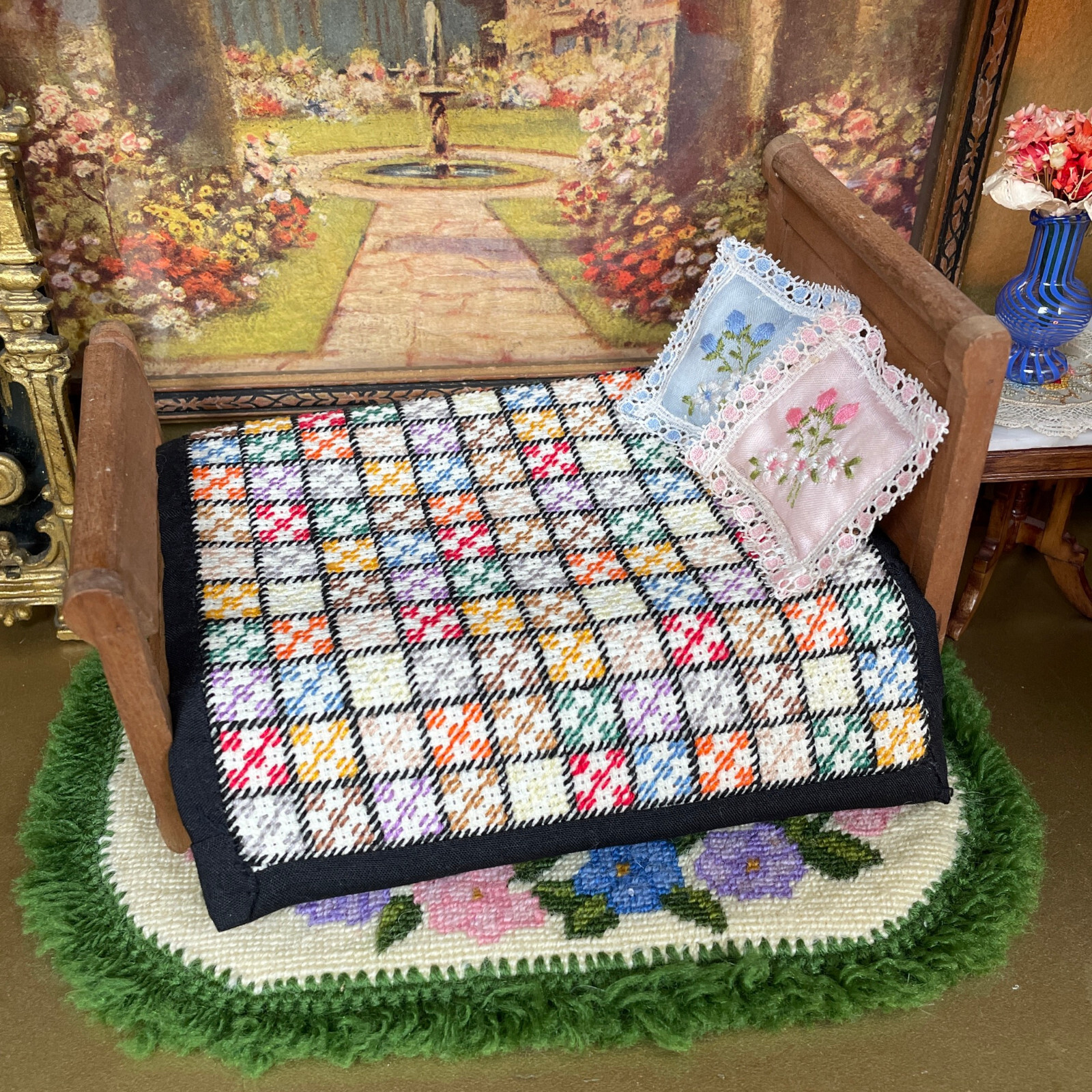 Vtg Artisan Petit Point Dollhouse Quilt or Rug Handmade Needlepoint Bed Blanket Vtg Artisan Petit Point Dollhouse Quilt or Rug Handmade Needlepoint Bed Blanket