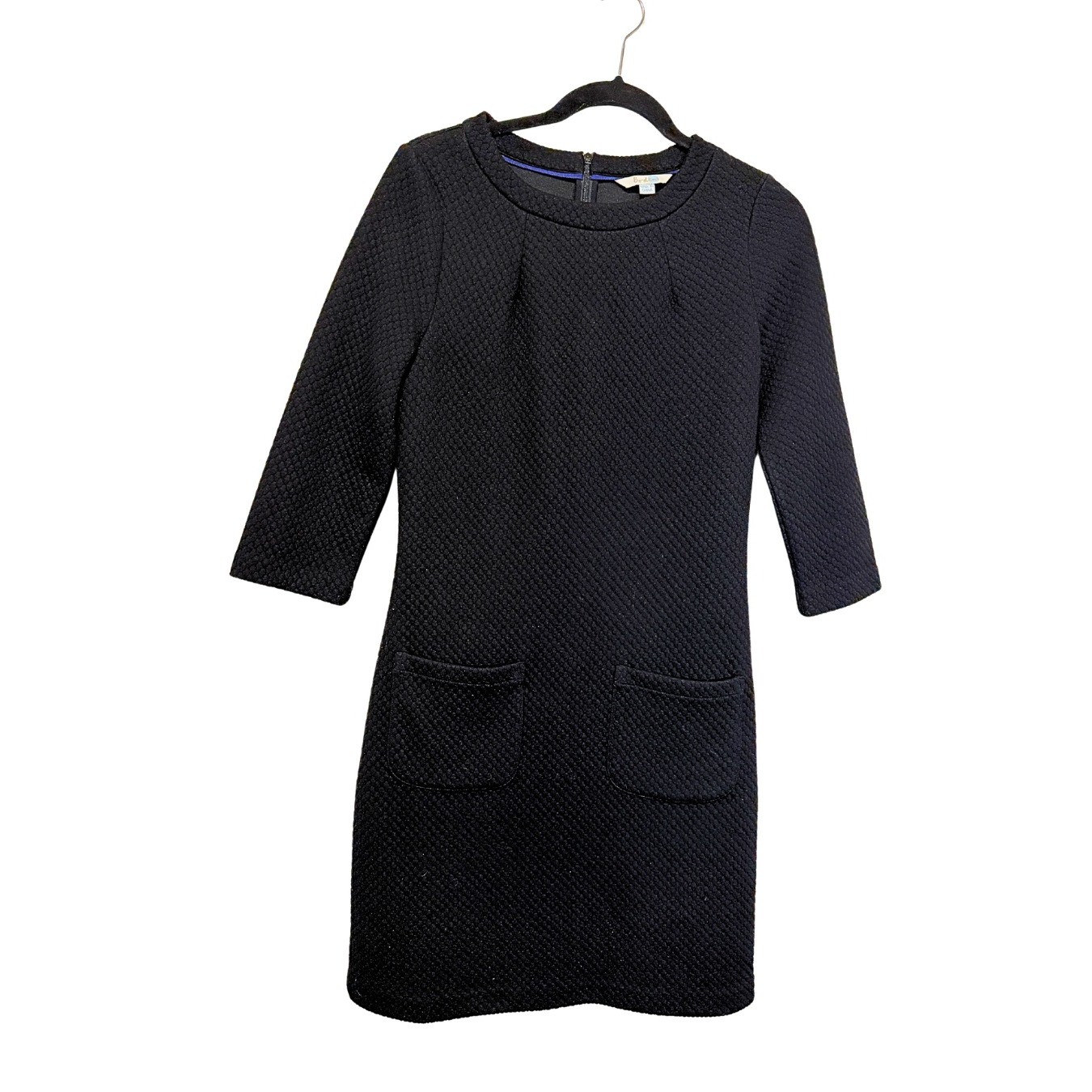 Boden Navy Blue Quilted Diamond Texture Shift Dress 3/4 Sleeve Pockets 4R