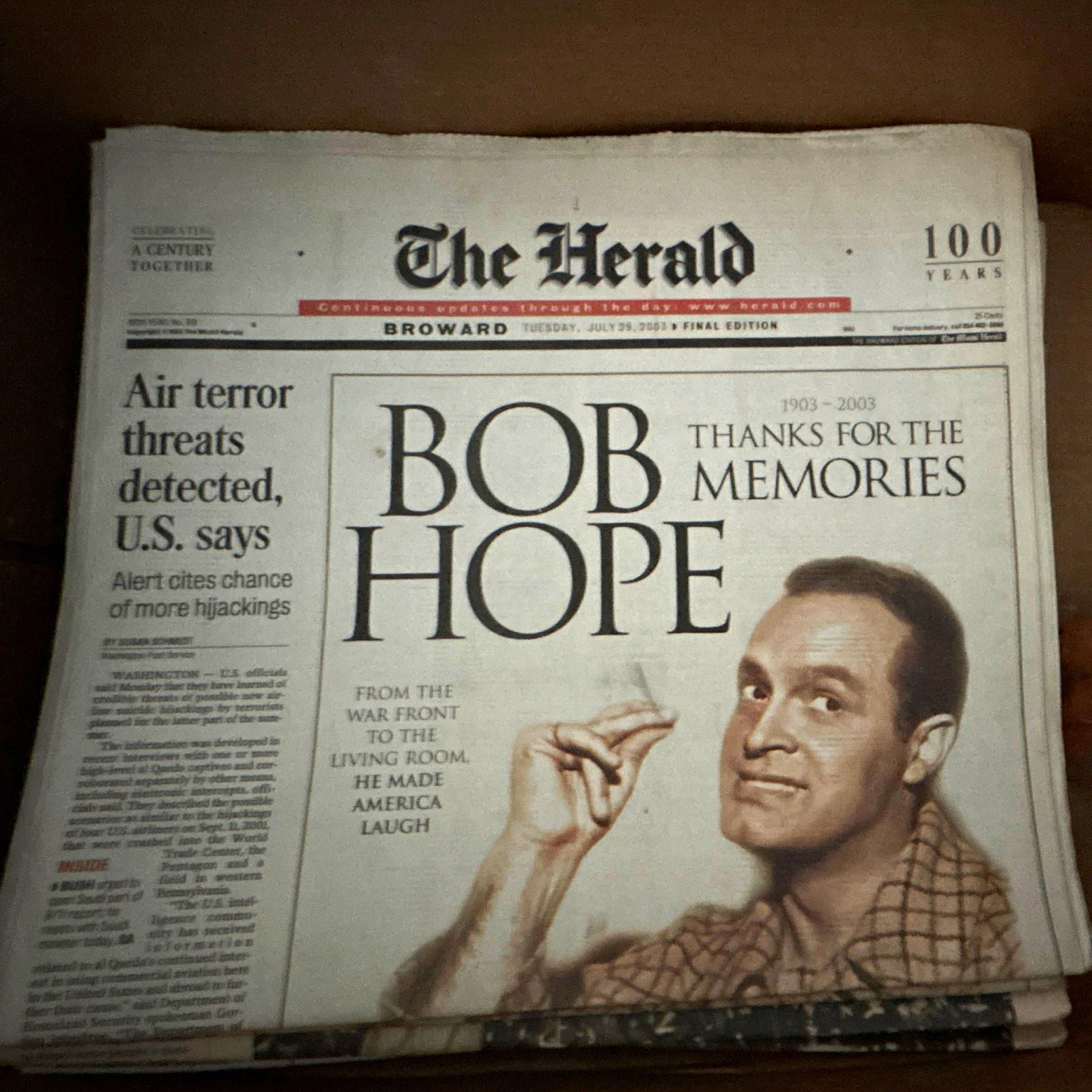 The Herald Newspaper Front Page - Bob Hope The Herald Newspaper Front Page - Bob Hope