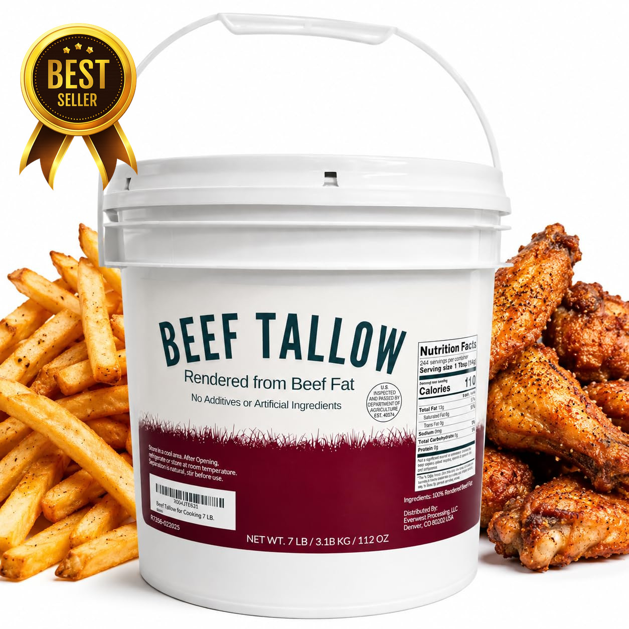 7 LB Beef Tallow Bulk Pail Rendered Beef Fat for Cooking Frying Roasting Searing