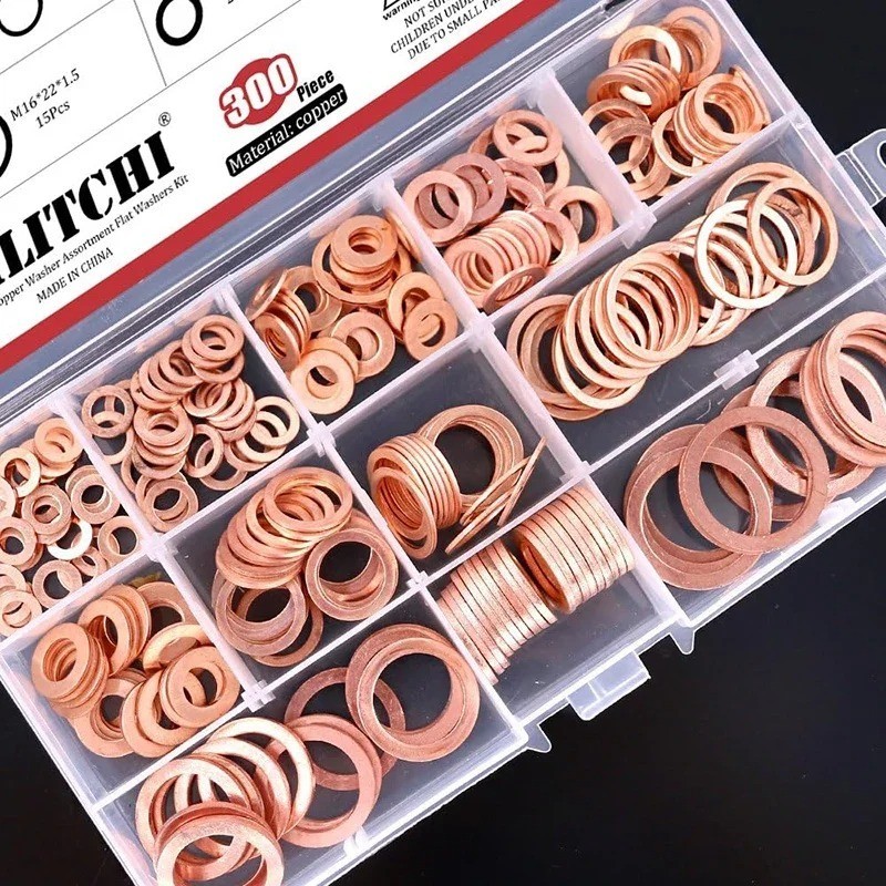 400PCS Copper Crush Washer Assortment Kit M5-M14 Metric Copper Sealing Washers