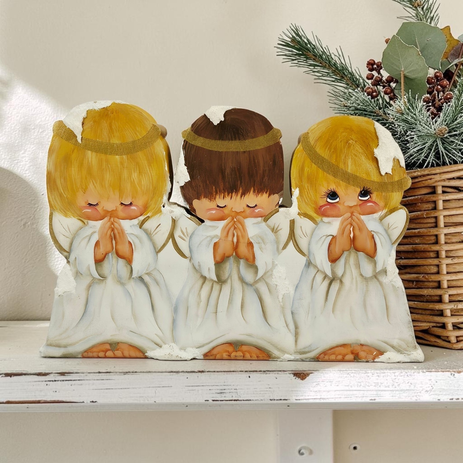 VTG Hand Painted Little Girl Bashful Snowy Angel Wood Cutout Standing Figure 11