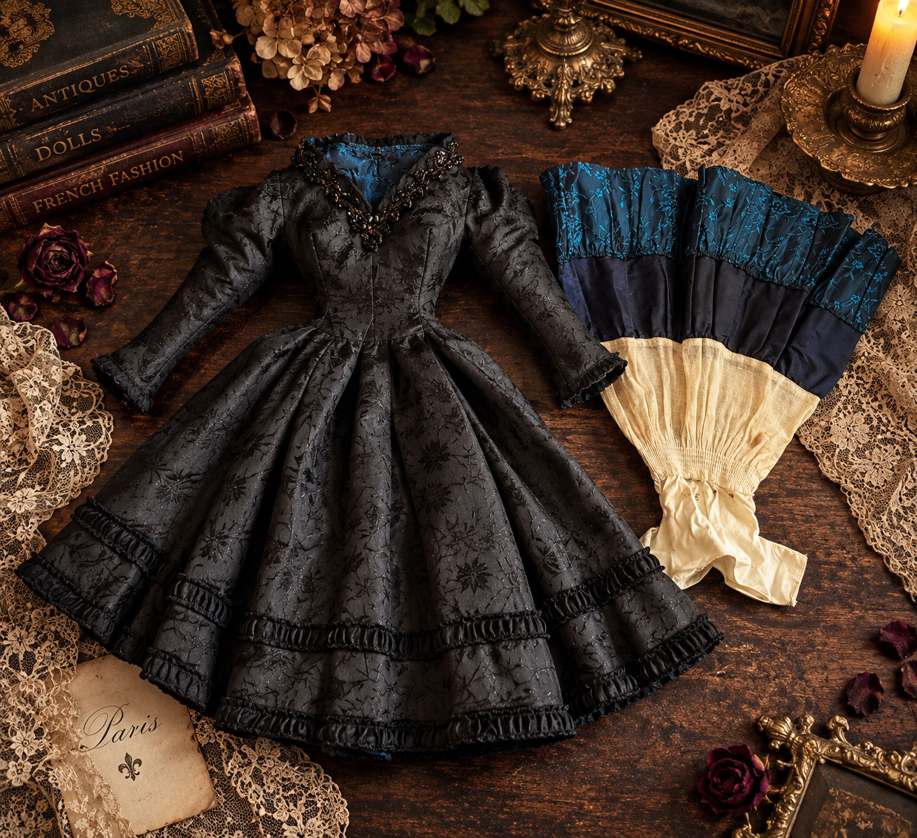 Antique Victorian Doll Dress Petticoat Black Silk Beaded French Fashion 1800s