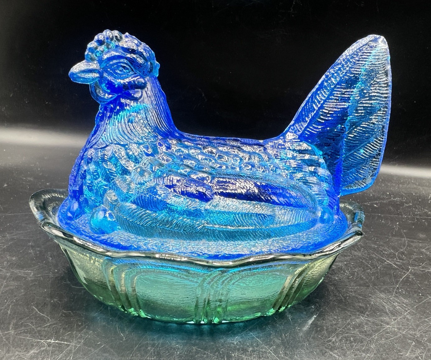 VTG Fenton Art Glass Hen on Nest 5.5” Blue Green Marriage