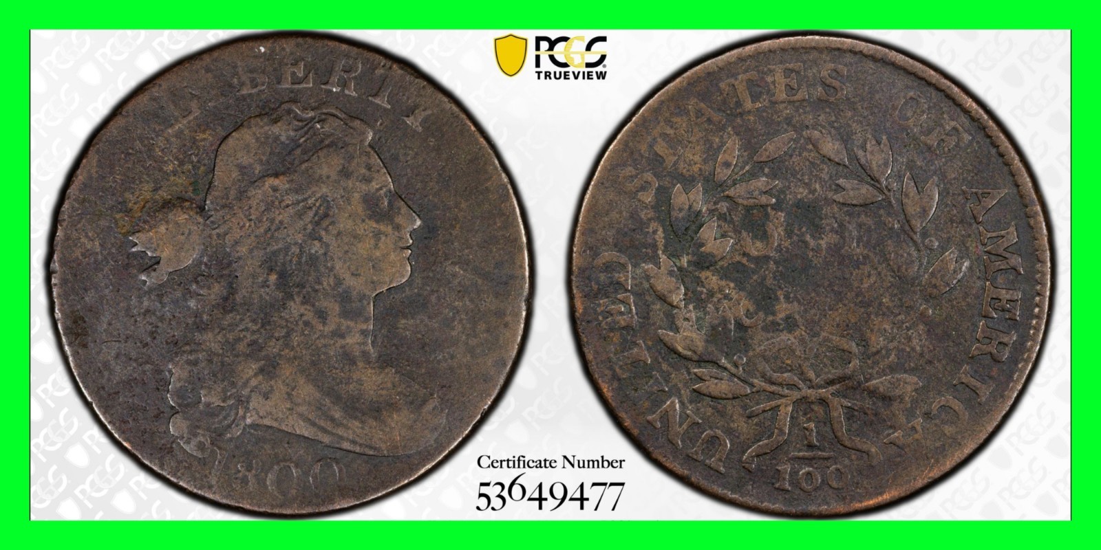 1800 1c BN S-211 Draped Bust Large Cent - PCGS Genuine VG Details