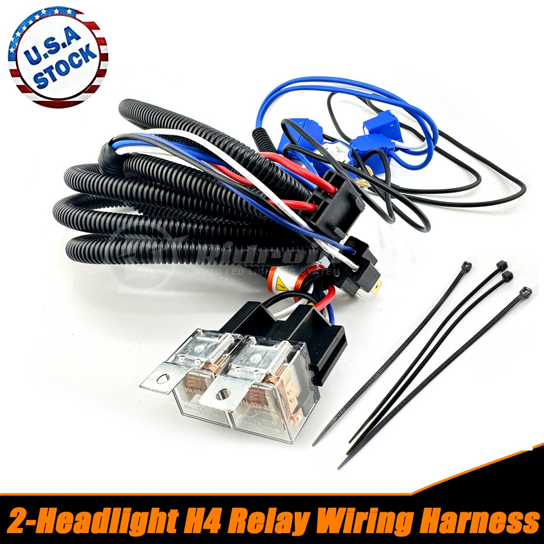 4-Headlight Relay Wiring Harness H4 Headlamp Light Bulb Ceramic Socket Plugs Set