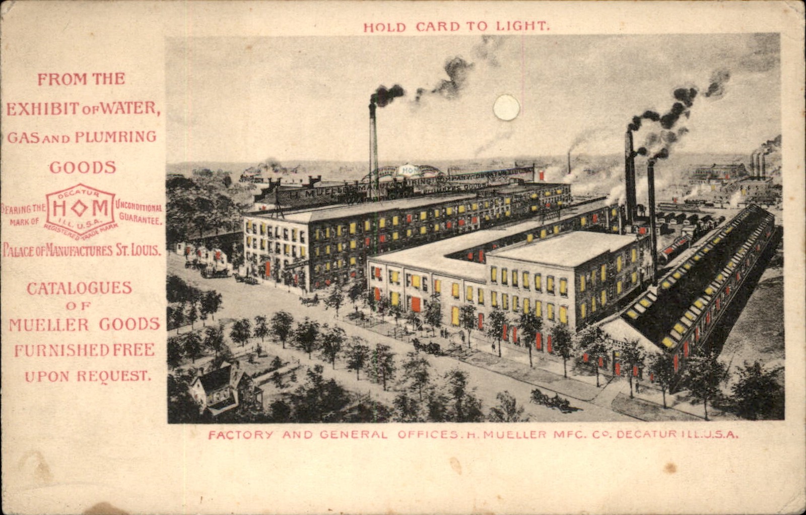 Decatur IL Mueller Factory hTL Hold to LIght c1900s-10s Vintage Postcard