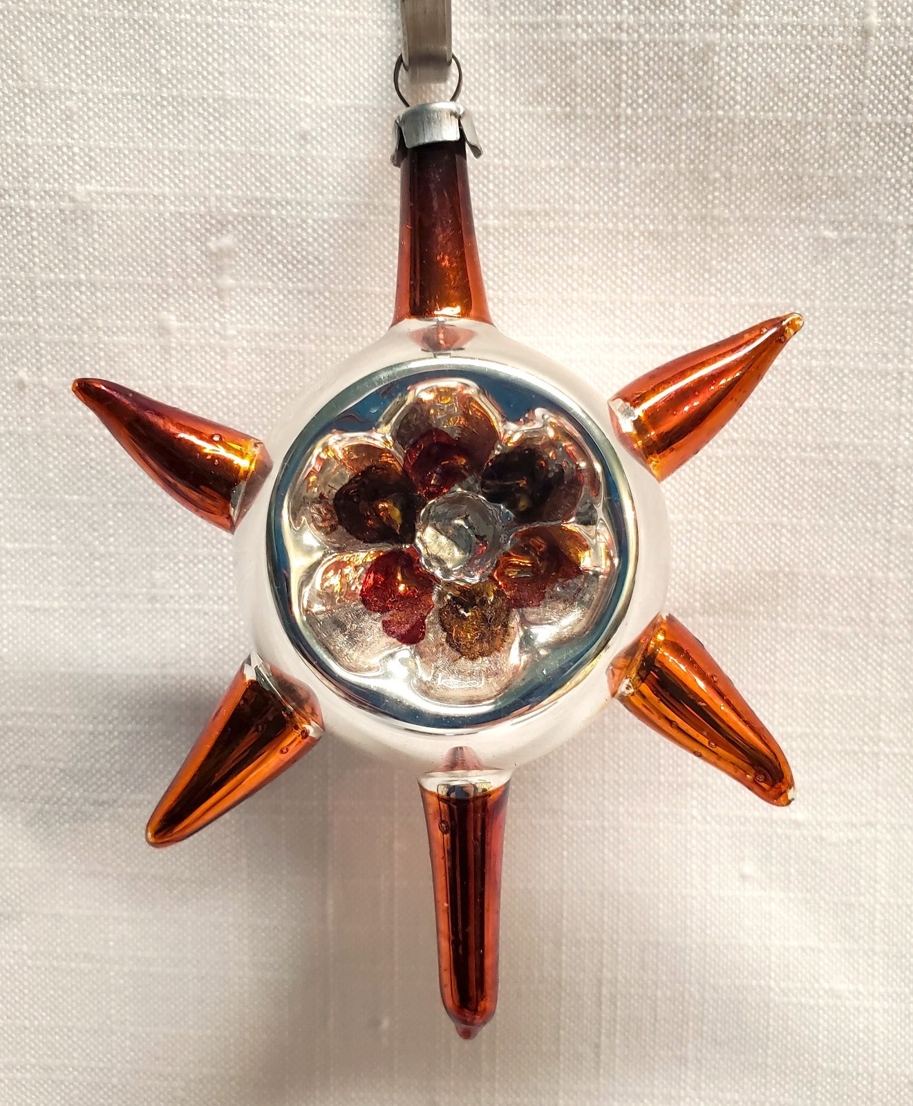 Vintage Atomic Sputnik Glass Christmas Ornament Starburst w Indent Orange Silver