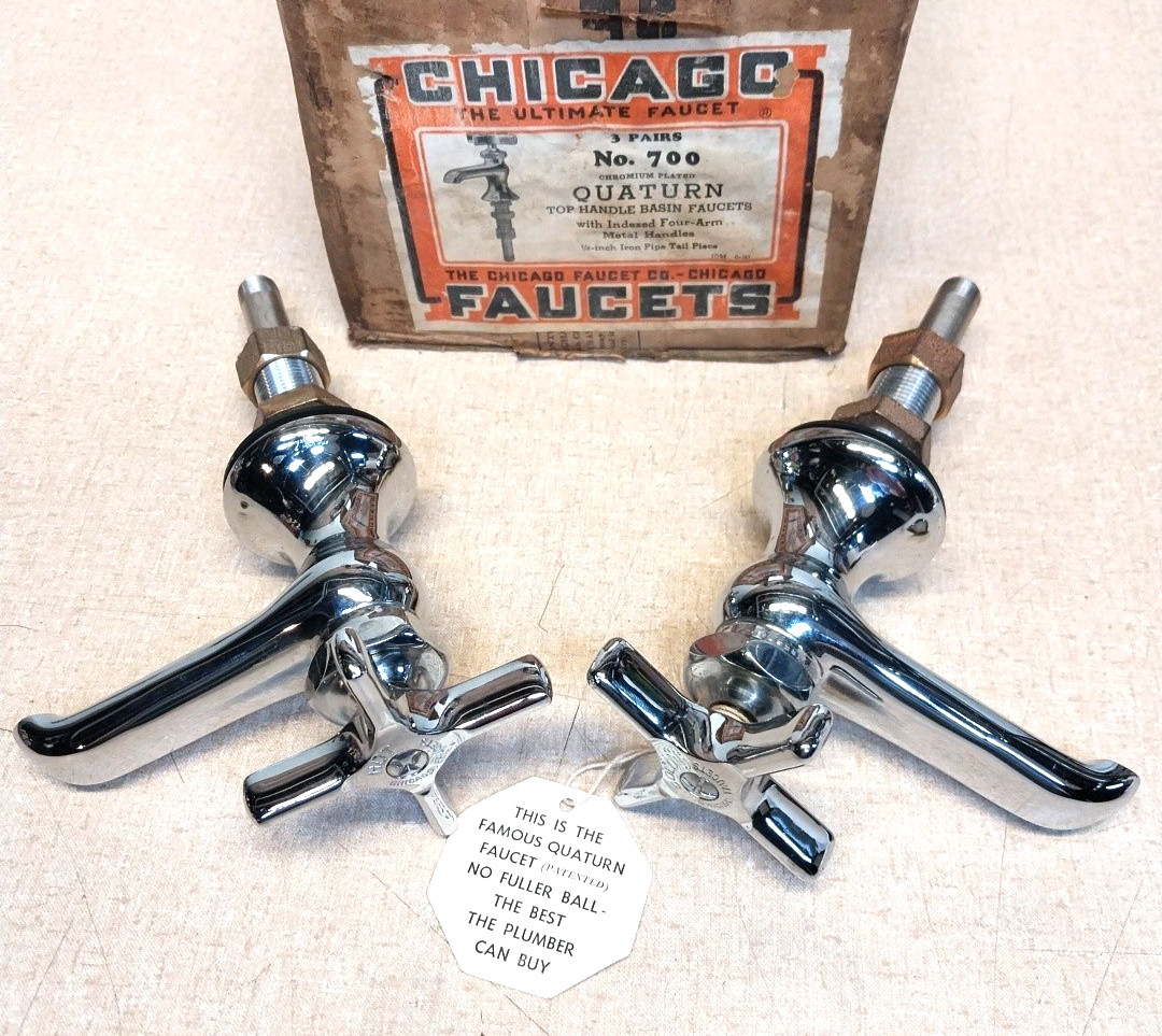 Vtg. Chicago Faucets No. 700 Quaturn Basin  Faucets Pair New Open Box