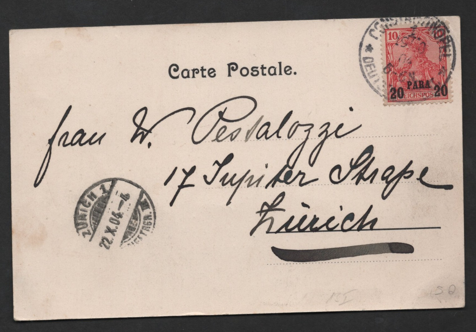 Germany Offices In Turkey 1904 Constantinople Tying 20 Para Sc. #14 On Postcard