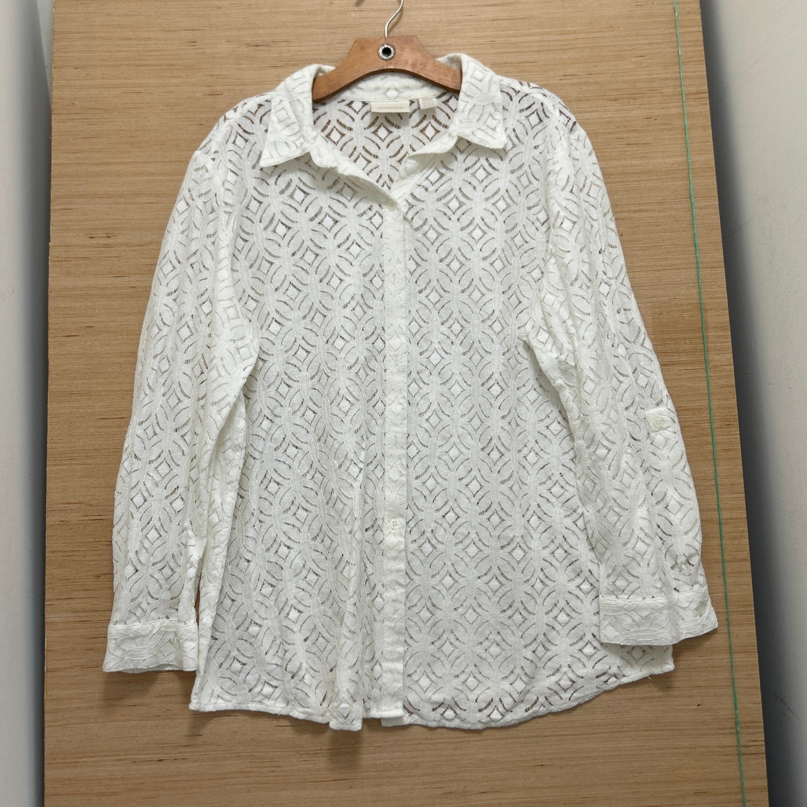 Chico\'s White Geometric Eyelet Lace Button Front Blouse Size 3 XL Long Sleeve