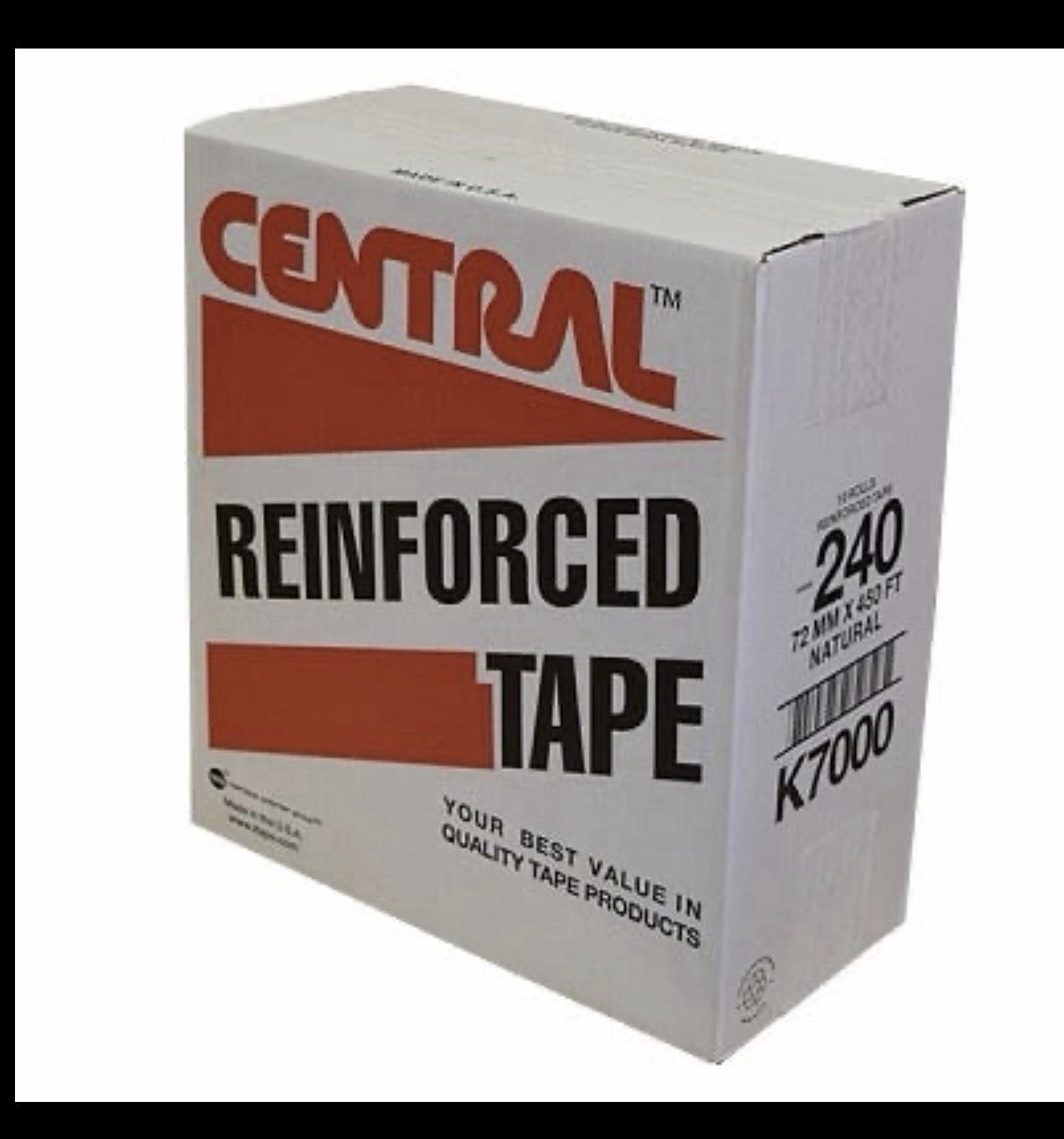 Central reinforced tape. Natural, 72mm x 450ft. 10 rolls per case Central reinforced tape. Natural, 72mm x 450ft. 10 rolls per case