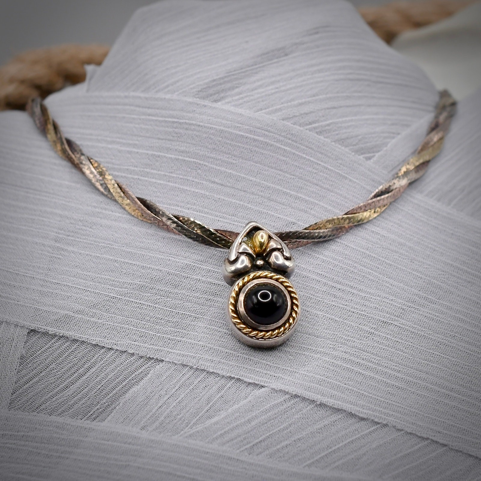 Flli Menegatti Italy 925 Silver Onyx Pendant Paired w Braided Italian Chain 17\