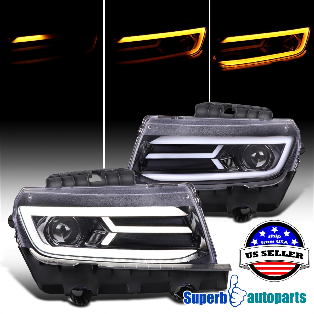 For 2014-2015 Camaro Shiny Black Projector Headlights Switchback+Sequential LED