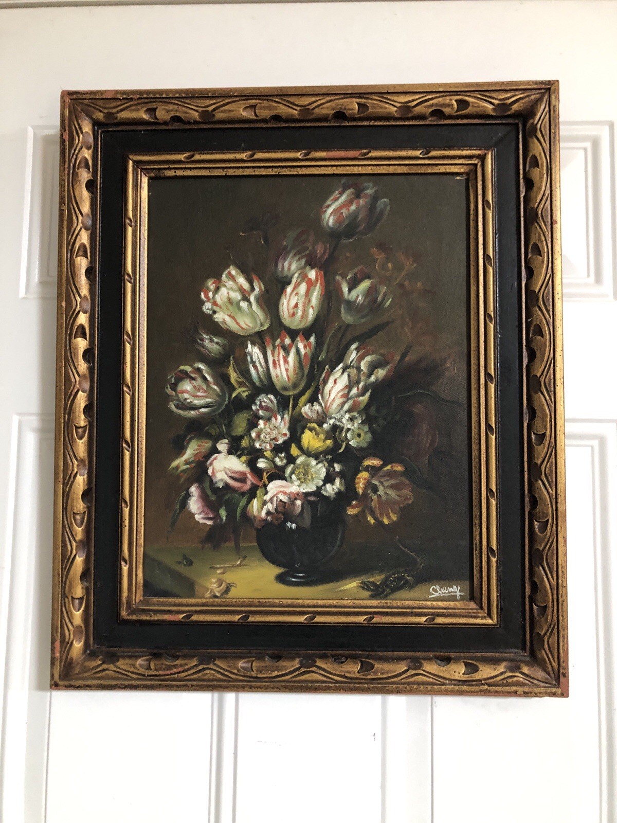 Antique Dutch Floral Still Life Oil Painting Signed - Cheng-  Gold Gilt Frame  