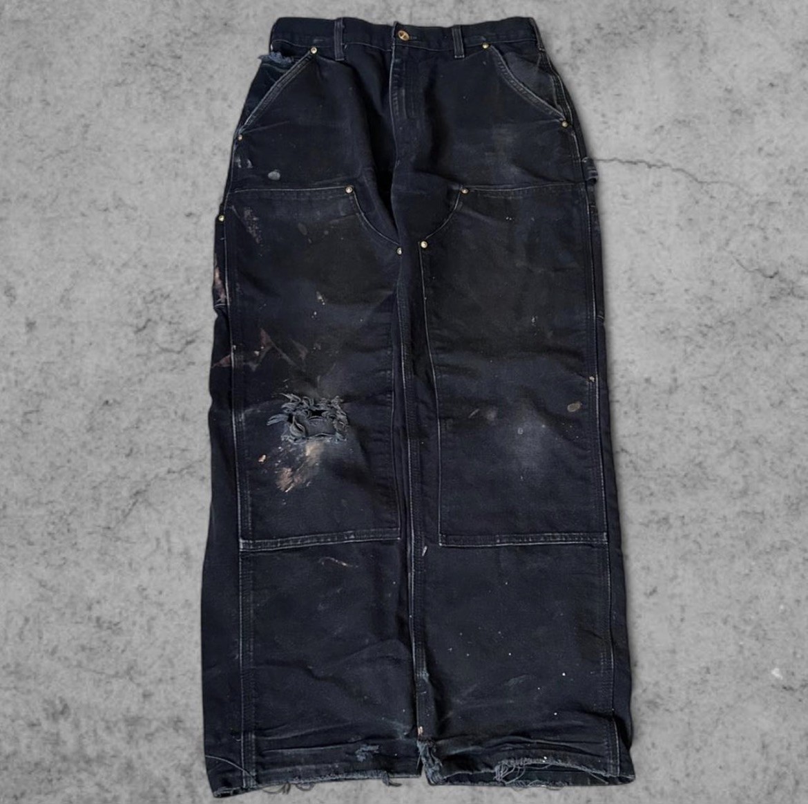Vintage Thrashed Paineted Ripped Black Painted Carhartt Double Knee Pants 31x30