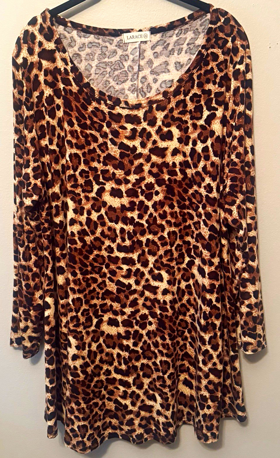 LARACE Women\'s 2X Plus Brown/Black/Beige Leopard Scoop Neck 3/4 Tunic Top