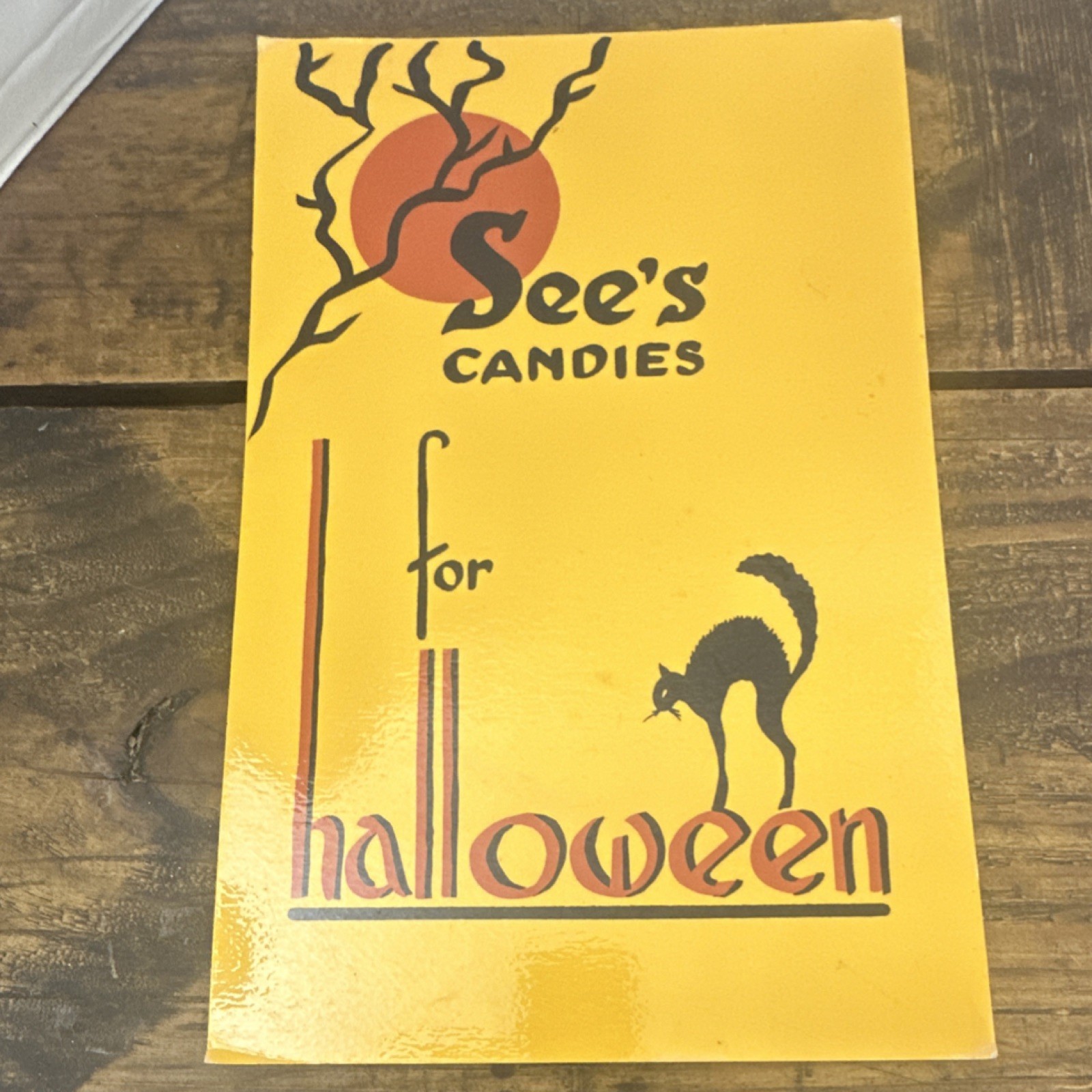 See's Candies Halloween Black Cat hand painted laminated cheddar color old 