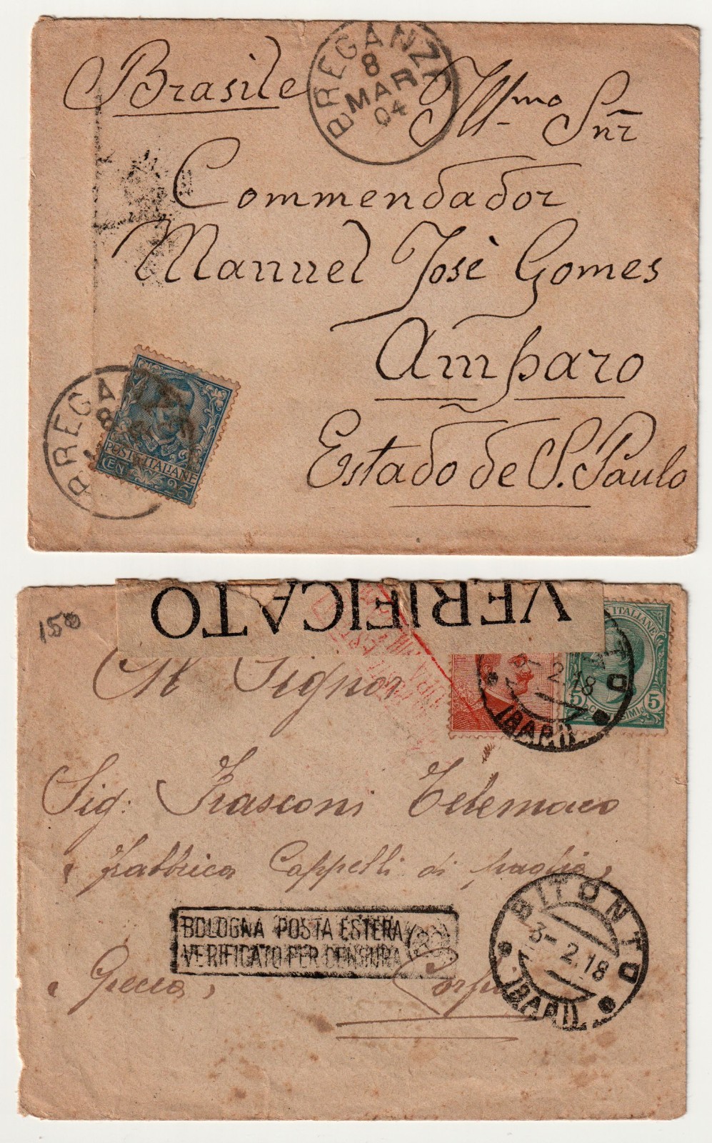 ITALY, A SET OF TWO (2) POSTAL COVERS, 1904 & 1918,